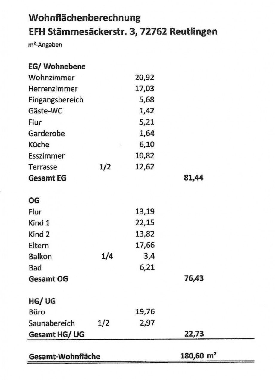 Wohnfl�chenberechnung Einfamilienhaus Reutlingen