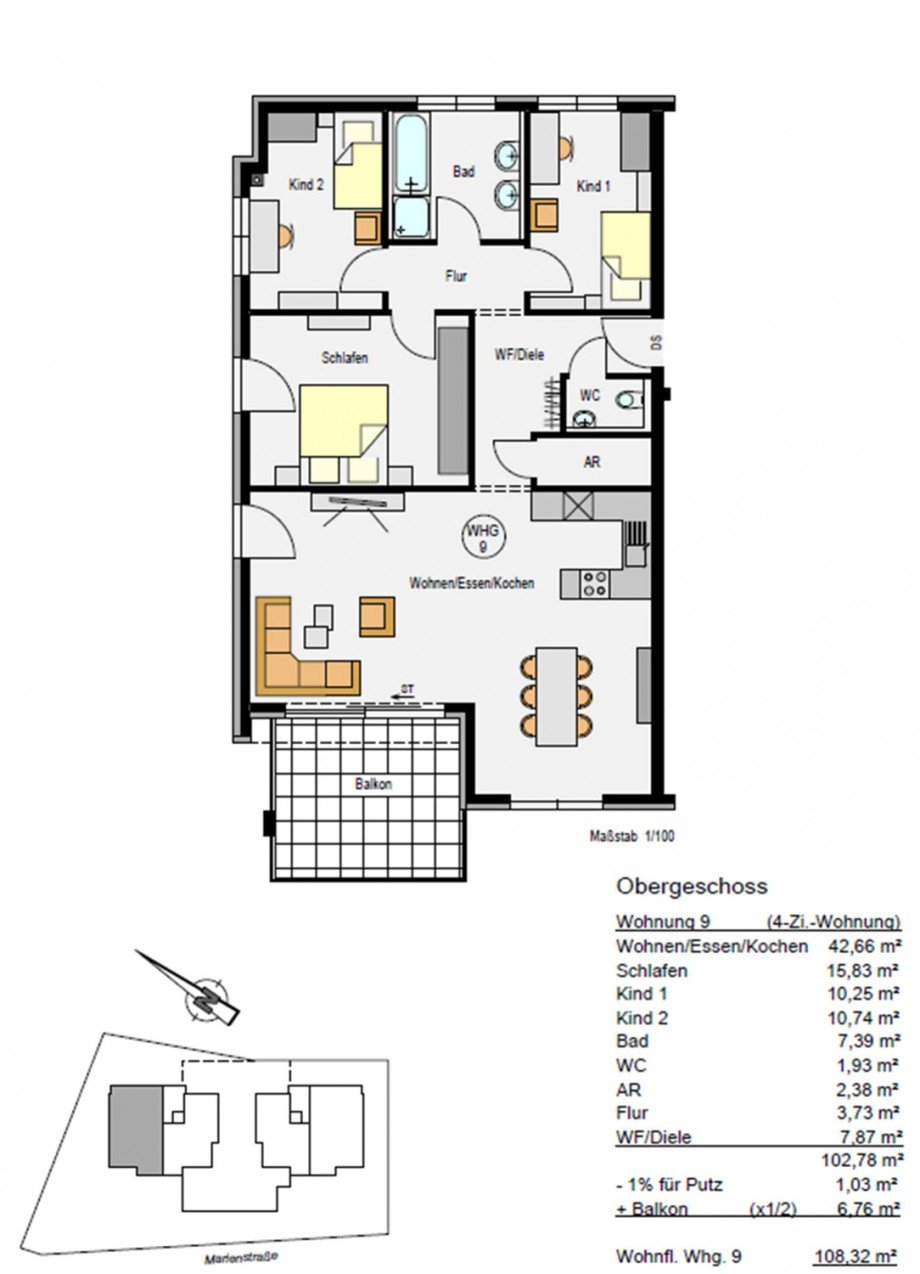 Grundriss mit Wohnfl�che Wohnung Wannweil